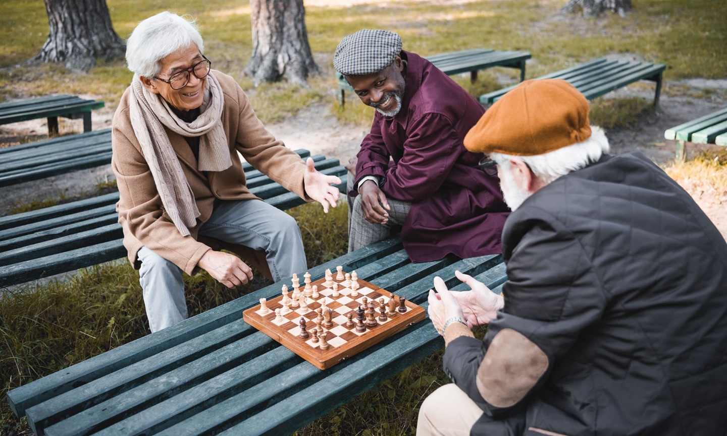 A group of friends sit at a park playing a stimulating game of chess